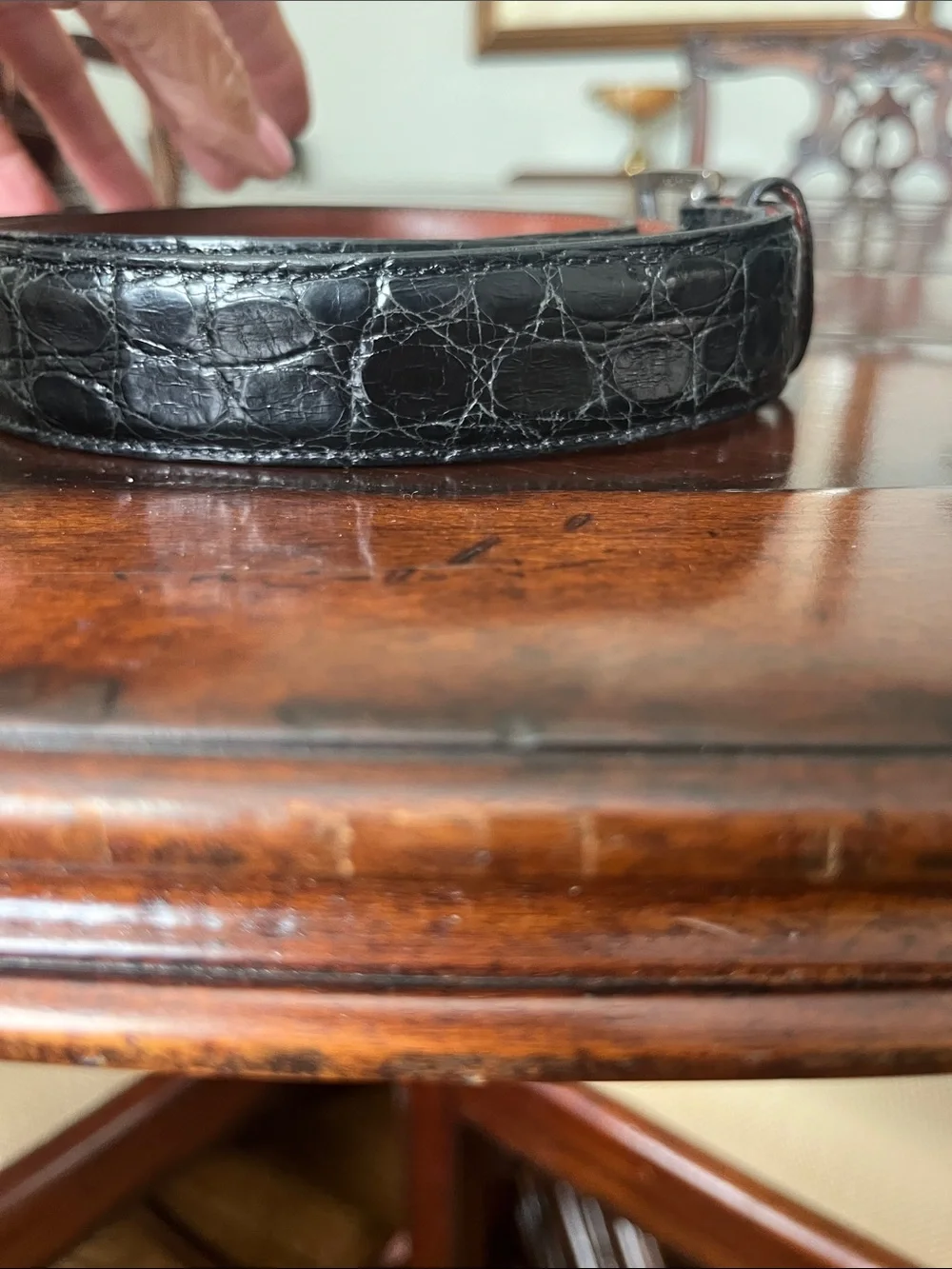 Men's Black Croc-Texture Leather Belt with Brown Interior